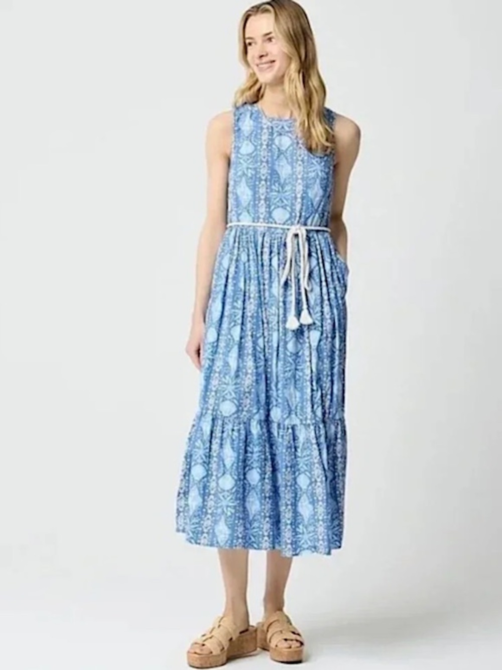 J. Crew Tiered Rope Belt Printed Midi Dress